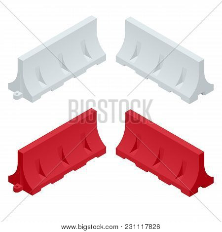 Isometric Red And White Plastic Barriers Blocking The Road. Maintenance And Construction Of Pavement