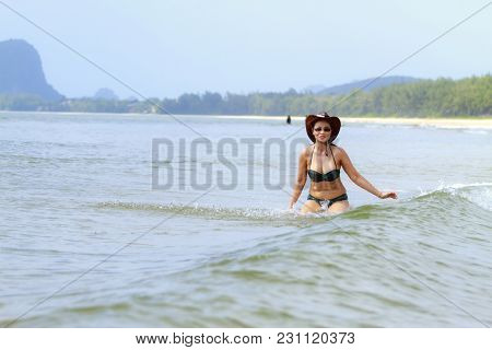 Woman Shape Sexy With Bikini And Wave On Beach At Bang Beot Beach, Chumphon Province Thailand