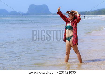 Woman And Bikini Beautiful With Sunshine On Beach At Bang Beot Beach, Chumphon Province Thailand