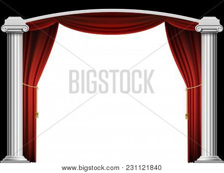 Red Curtain And Marble Antique Columns With An Arch. Isolated On White Background. Stock Vector Illu
