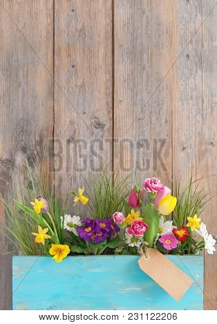 Assorted Spring Flowers Inside A Wooden Plant Holder With Blank Label Attached