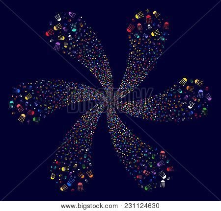 Multi Colored Spray Stream Twirl Motion On A Dark Background. Vector Abstraction. Psychedelic Whirlp