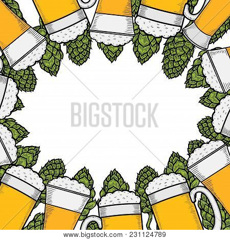 Colorful Beer Menu Design Template. Engraved Illustration With Hops And Beer Glasses. Brewery Frame 