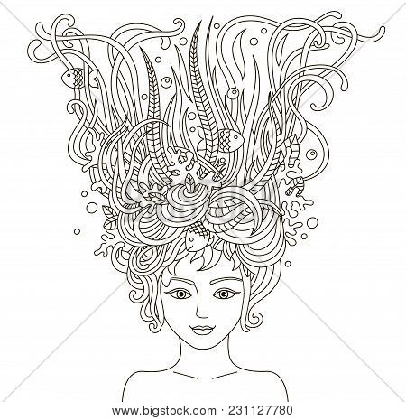 Portrait Of Beautiful Fashion Women With Abstract Wavy Hair Be Used For Coloring Book  For Adults. M