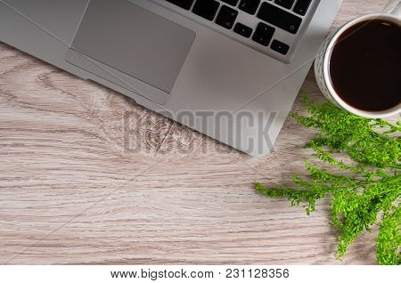 Notebook With Hot Coffee On Wood Table