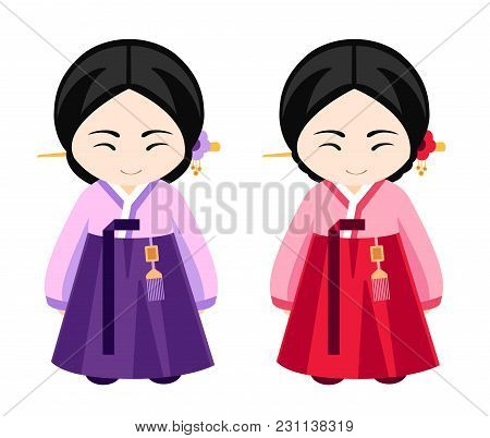 Korean Girls In Hanbok. Women In Traditional Clothes, National Dress. Travel To Korea. Vector Illust