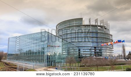 Strasbourg, France - December 28, 2017: Architectural Detail Of The Louise-weiss Building On A Winte