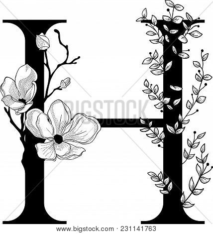 Vector Hand Drawn Floral H Monogram Or Logo. Letter H With Flowers And Branches. Cherry Blossom. Flo