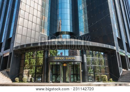 Valencia, Spain - June 18, 2017 : Architectural Detail Of A Large Office Building, The Europa Tower 