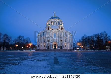 View Of The Nikolsky Marine Cathedral On The Anchor Square In The March Twilight. Kronstadt, Russia