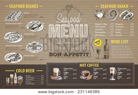 Vintage Seafood Menu Design On Cardboard. Restaurant Menu
