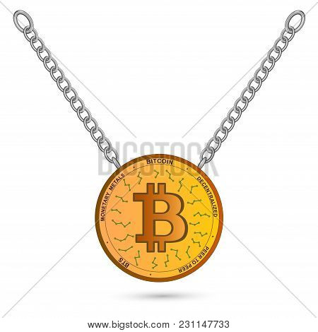 Gold Coin Bitkoyn. Virtual Crypto Currency Symbol Isolated On A White Background. Bitcoin Is Hanging