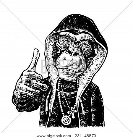 Monkey Raper Dressed In The Hoodie, Necklace With Dollar, Cross. Showing Symbol Like. Vintage Black 