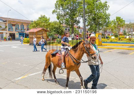 Filandia March 2018 Every Sunday Children Ride A Horse In The Bolivar Square Of Filandia, Colombia, 
