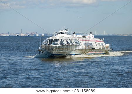 Saint Petersburg, Russia - May 30, 2017: Meteor - Hydrofoil Ship Close-up In The Water Area Of The G