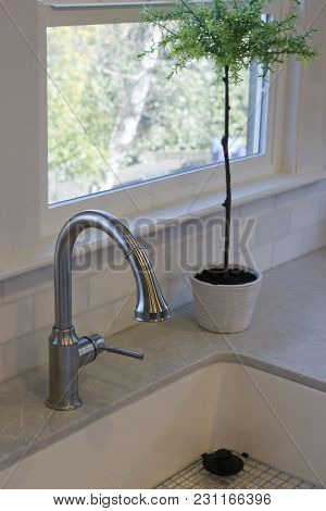 White Kitchen Sink With Chrone Faucet And Plant.