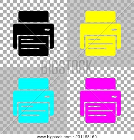 Printer And Paper. Colored Set Of Cmyk Icons On Transparent Background