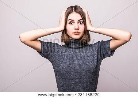 Wrong Doing. Closeup Portrait Upset Woman, Slapping Hand On Head Having Duh Moment Isolated On Gray 