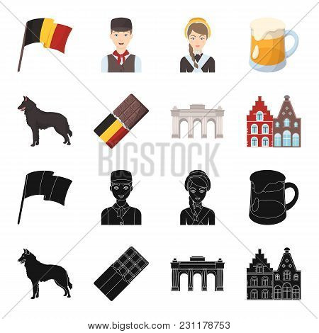 Chocolate, Cathedral And Other Symbols Of The Country.belgium Set Collection Icons In Black, Cartoon