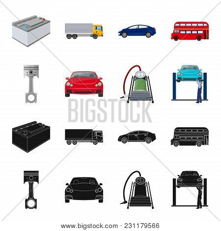 Car On Lift, Piston And Pump Black, Cartoon Icons In Set Collection For Design.car Maintenance Stati