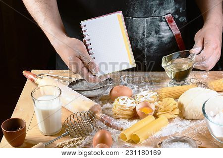 Chef With Notepad Text, Ngredients For Dough, Cooking Pasta Tagliatelle Spaghetti, Including Flour, 