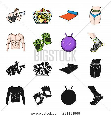 Men's Torso, Gymnastic Gloves, Jumping Ball, Sneakers. Fitnes Set Collection Icons In Black,cartoon 