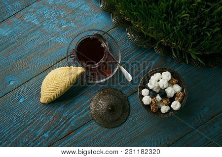 Shekerbura With Nuts And Honey. Novruz Tray With Azerbaijan National Pastry And Glass Of Black Tea O