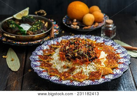 Iranian Sweet Rice With Orange Zest, Nuts And Dried Fruits, Shirin Polo.