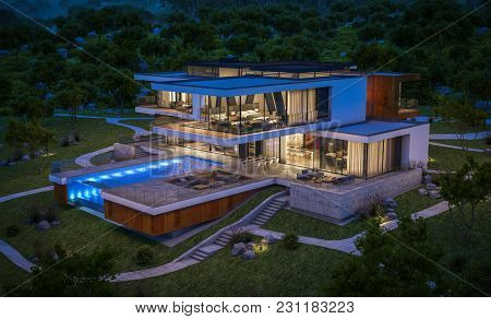 3D Rendering Of Modern House By The River At Night