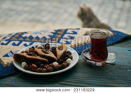 Novruz Tray Plate With Azerbaijan National Pastry Pakhlava With Sweet Snack And Glass Of Traditional