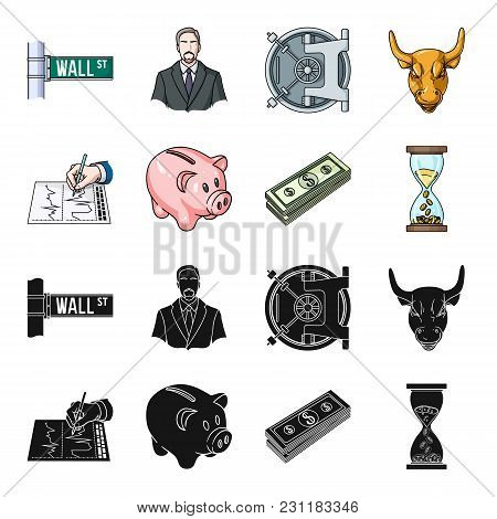 Bank, Business Schedule, Bundle Of Notes, Time Money. Money And Finance Set Collection Icons In Blac
