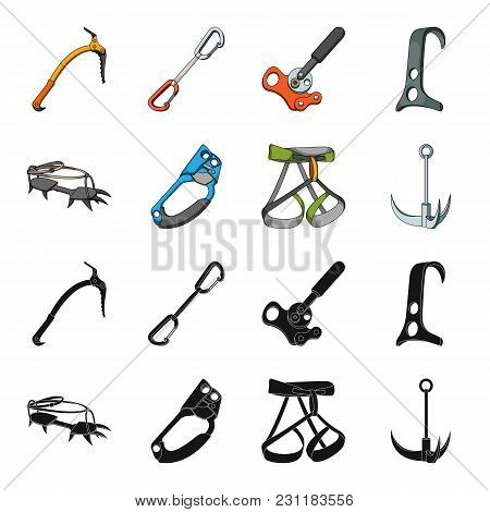 Hook, Mountaineer Harness, Insurance And Other Equipment.mountaineering Set Collection Icons In Blac