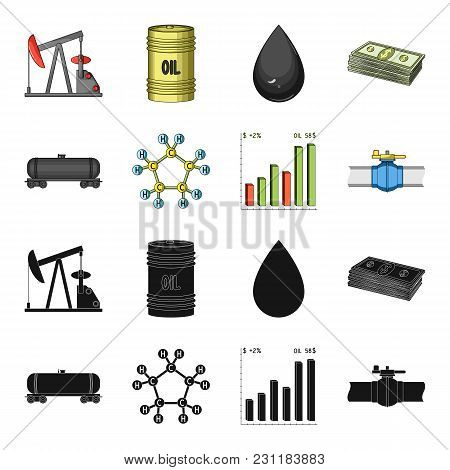 Railway Tank, Chemical Formula, Oil Price Chart, Pipeline Valve. Oil Set Collection Icons In Black, 