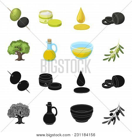 An Olive Tree, A Branch With Olives, A Vessel And A Jug Of Oil. Olives Set Collection Icons In Black