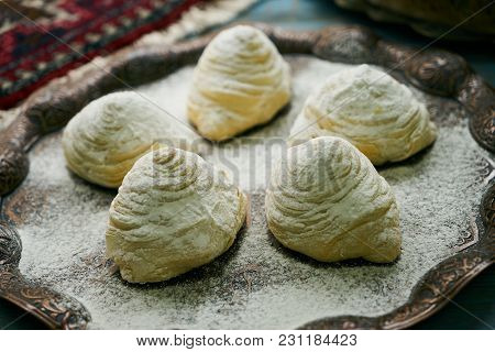 Novruz Tray With Azerbaijan Traditional Pastry Cookie Badambura On Wooden Rustic Table Background. D