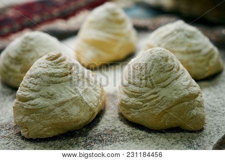 Novruz Tray With Azerbaijan Traditional Pastry Cookie Badambura On Wooden Rustic Table Background. D