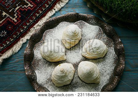 Novruz Tray With Azerbaijan Traditional Pastry Cookie Badambura On Wooden Rustic Table Background. D