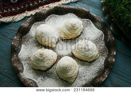 Novruz Tray With Azerbaijan Traditional Pastry Cookie Badambura On Wooden Rustic Table Background. D