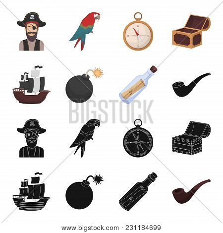 Pirate, Bandit, Ship, Sail .pirates Set Collection Icons In Black, Cartoon Style Vector Symbol Stock