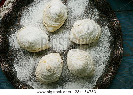 Novruz Tray With Azerbaijan Traditional Pastry Cookie Badambura On Wooden Rustic Table Background. D