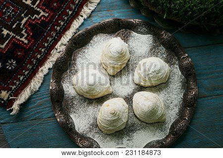 Novruz Tray With Azerbaijan Traditional Pastry Cookie Badambura On Wooden Rustic Table Background. D