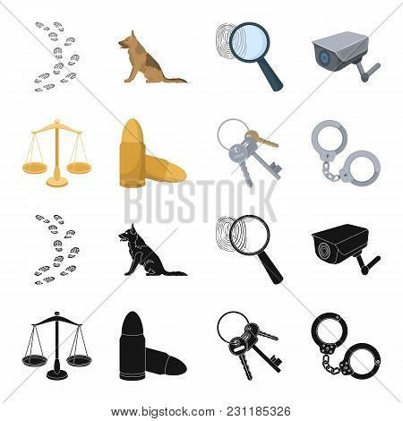 Scales Of Justice, Cartridges, A Bunch Of Keys, Handcuffs.prison Set Collection Icons In Black, Cart