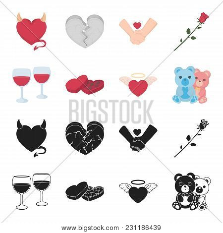 Glasses With Wine, Chocolate Hearts, Bears, Valentine.romantik Set Collection Icons In Black, Cartoo