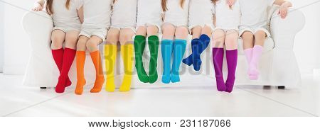 Kids With Colorful Socks. Children Footwear.