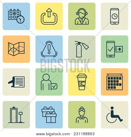 Transportation Icons Set With Airline Schedule, Exclamation Danger, Travel Map And Other Globetrotte