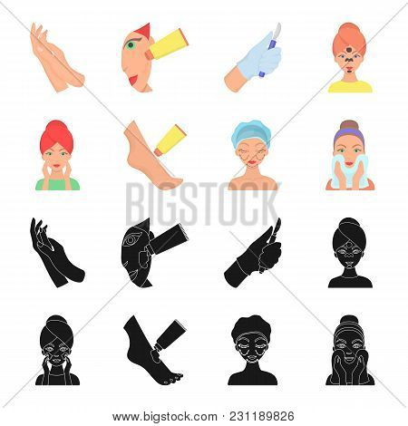 Face Care, Plastic Surgery, Face Wiping, Moisturizing The Feet. Skin Care Set Collection Icons In Bl