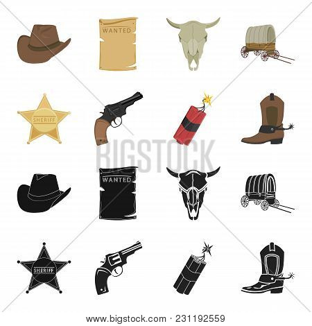 Star Sheriff, Colt, Dynamite, Cowboy Boot. Wild West Set Collection Icons In Black, Cartoon Style Ve