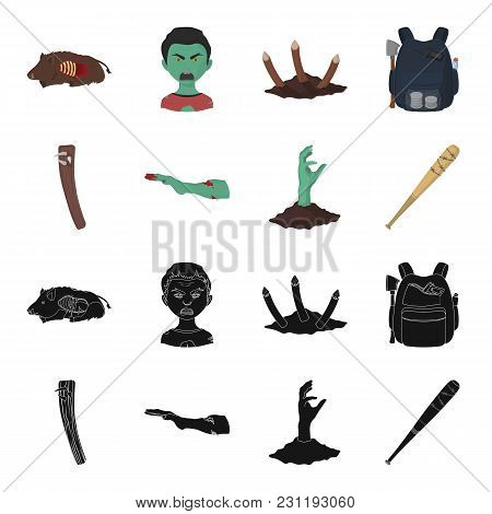 Zombies And Attributes Black, Cartoon Icons In Set Collection For Design. Dead Man Vector Symbol Sto