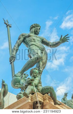 Detail Close Up Of 1500s Bologna Neptune Statue-fountain Of Bologna City In Italy. Restored In 2018 