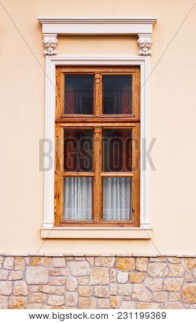 Classic Wooden Window White Colored Ornament On Creamy Wall.